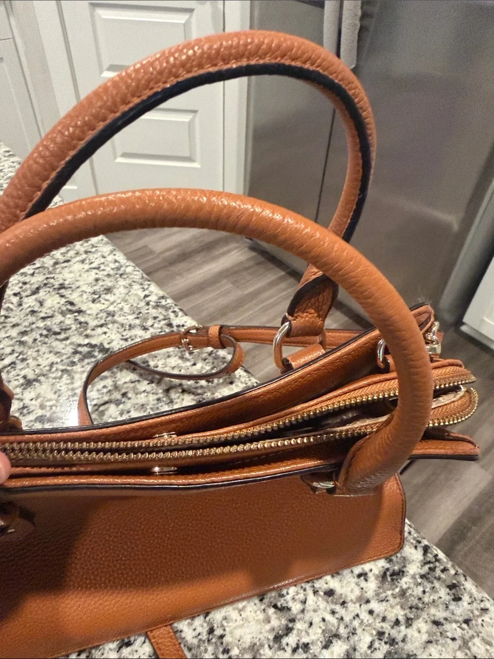 kate spade Tan Pebbled Leather Satchel with Gold Logo